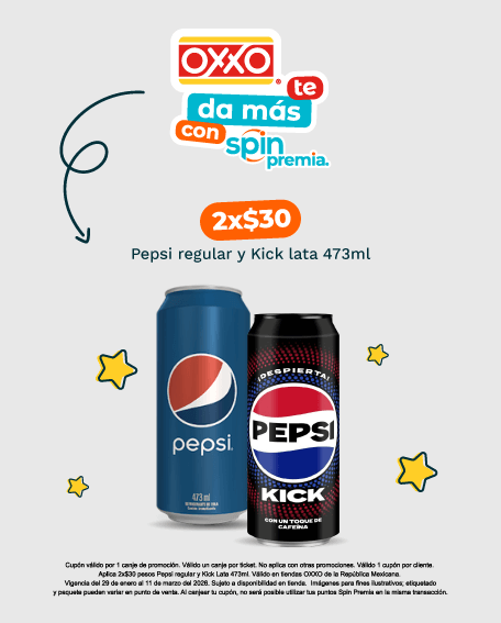 Cupon VOU258_2x$30 pesos Pepsi regular y Kick Lata 473ml