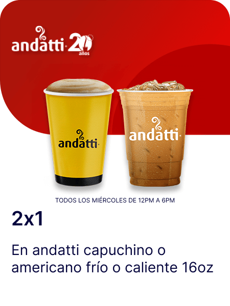 Cupon 2x1 en andatti capuchino o americano frío o caliente 16oz (Todos los miercoles de 12pm a 6pm)