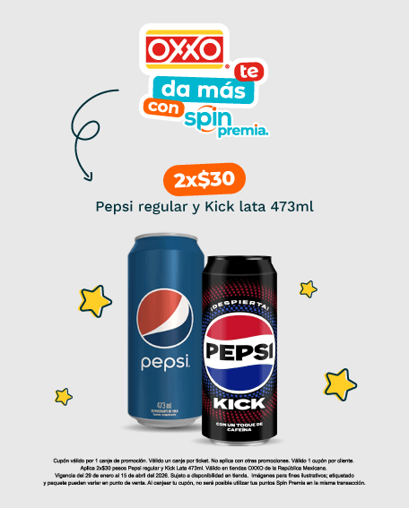 Cupon VOU258_2x$30 pesos Pepsi regular y Kick Lata 473ml