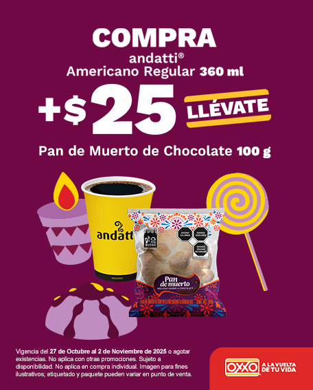 Compra Andatti Amricano Regular + $25 y llévate pan de muerto de chocolate.