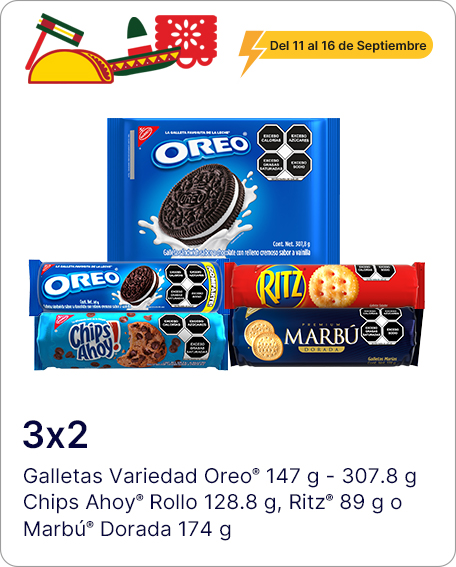 Galletas Oreo Rollo 147gr o Chips Ahoy Rollo 128.8gr, Marbu Dorada 174gr, Ritz 89gr o Charola Oreo 307.8gr COMBÍNALOS COMO QUIERAS