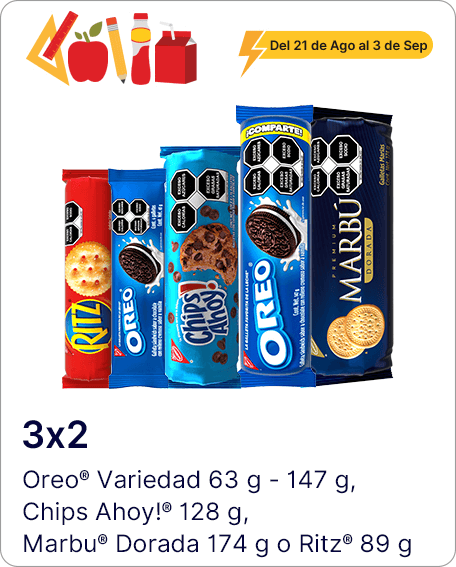 Variedad Oreo, chips Ahoy, Marbu dorada o ritz