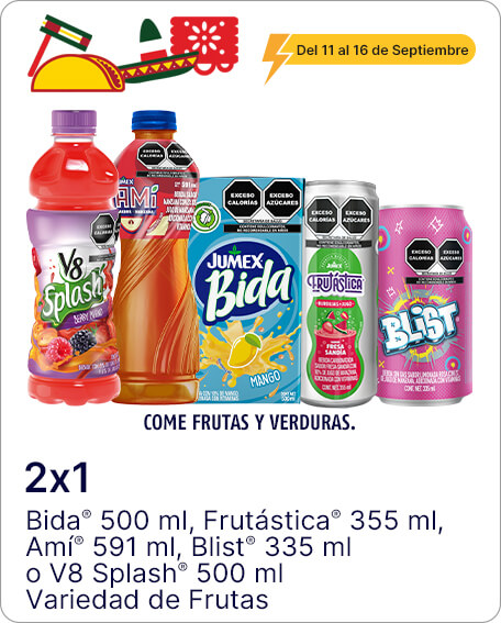 Bida 500ml, Frutastica 355ml, Ami 591ml, Blist 335ml, V8 Splash 500ml variedad de frutas (AGREGAR LEYENDA COME FRUTAS Y VERDURAS) COMBÍNALOS COMO QUIERAS