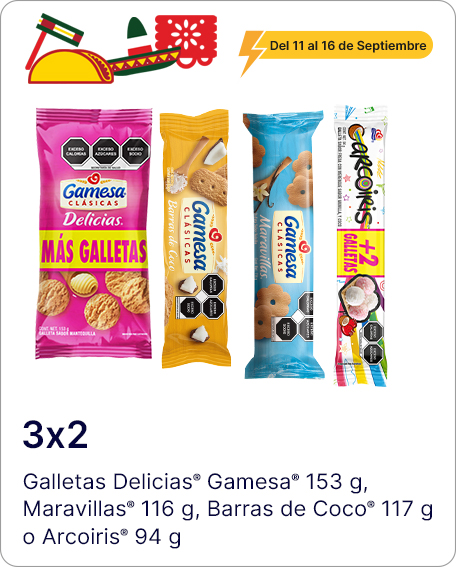 Galletas delicias Gamesa 153gr, Maravillas 116gr, Barras de coco 117gr, Arcoíris 94gr COMBÍNALOS COMO QUIERAS
