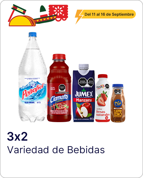 Variedad de Bebidas (Yogurt Yoplait 470gr Variedad de Sabores, Yogurt Yoplait Nat Granola 450gr, Yogurt Yoplait Disfruta Fresa 442gr, Yoplait Kids Fresa 220gr,Yogurt Nestle 500gr Variedad de Sabores, Yogurt Lala 440gr Vairedad de Sabores,Jumexito 200ml, Jumex 200ml, Jumex 475ml, Jumex Cero 475ml Variedad de frutas, Jumex Bida 500ml, Del Valle 413ml, Del Valle Pulpy 400ml  Variedad Dr Pepper 600ml (AGREGAR LEYENDA COME FRUTAS Y VERDURAS)Agua alcalina Vitawa 1LT, Agua ciel gasificada Sifon 1.75 Lt  NR, Agua mineral Ciel 2 lt  NR, Agua mineral Topo Chico 1.5 lt  NR, Del Valle Fizz Limonada 2L PNR, Del Valle Fizz Naranjada 2L PNR, Escuis Fresa 2L NR, Escuis Manzana 2L NR, Escuis Manzana 3L NR, Fanta Naranja 2L NR, Fanta Naranja 3L NR, FRESCA FUSION 2L NR, Fresca Toronja 2L NR, Fresca Toronja 3L NR, Fresca Toronja SA 2L NR, Mundet Durazno 2L NR, Mundet Pera 2L NR, Sidral Mundet Manzana 2L NR, Sidral Mundet Manzana 3L NR, Sprite Lima limon 2L NR, )COMBINALOS COMO QUIERAS
