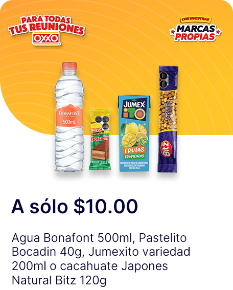 Agua Bonafont 500ml, cacahuate Japones Natural Bitz 120g, Jumexito variedad 200ml o Pastelito Bocadin 40g