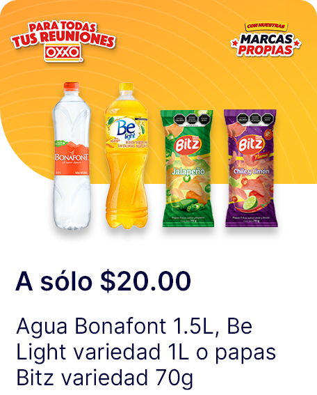 Agua Bonafont 1.5L, papas Bitz variedad 70g o Be Light variedad 1L