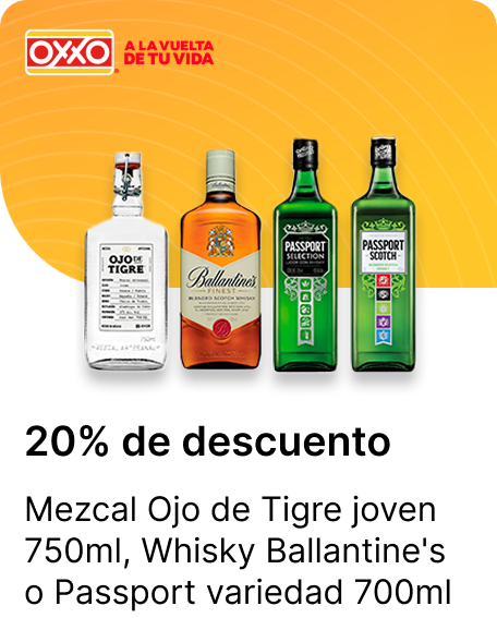 Mezcal Ojo de Tigre joven 750ml o Whisky Ballantines o Passport variedad 700ml
