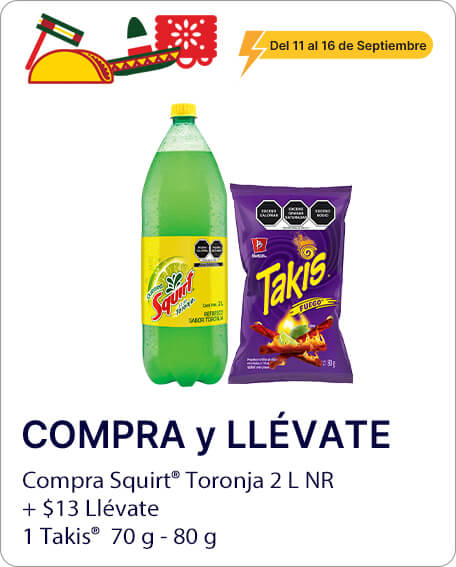 Compra Squirt Toronja 2L NR + $ 13 llévate 1 Takis Variedad 70-80gr