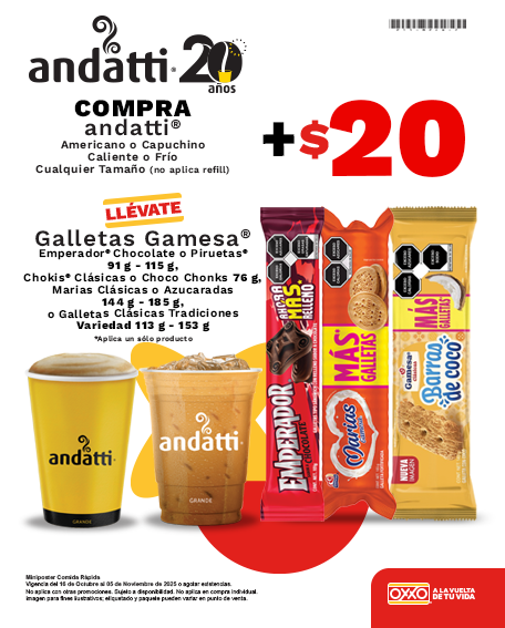 Compra Andatti Amricano o Capuchino + $20 más y llévate galletas Gamesa.