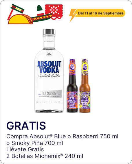 Absolut Blue Vodka 750 ml o Absolut Raspberri Vodka 750ml o  Absolut Smoky Piña Vodka 700 ml llévate Gratis 2 botellas de Variedad MicheMix 240ml TÚ ELIGES