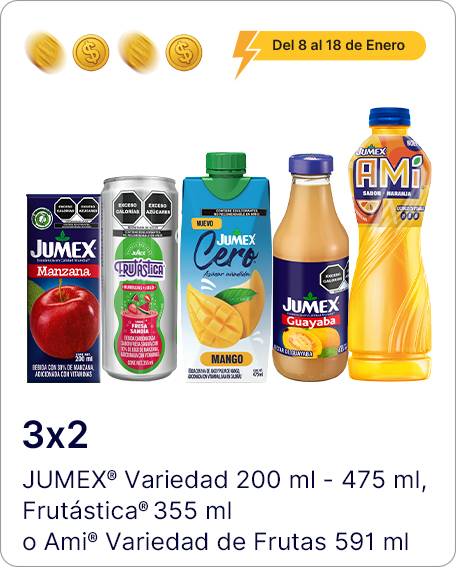 Variedad JUMEX 475ML, JUMEX CERO 475ML,  Jumex 413ml,  Frutastica 355ml, Jumexito Minibrik 200ml y/o Jumex MiniBrik 200ml , Ami 591ml variedad de frutas (AGREGAR LEYENDA COME FRUTAS Y VERDURAS) COMBÍNALOS COMO QUIERAS