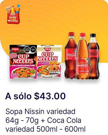 Sopa Nissin variedad 64g - 70g + Coca Cola variedad 500ml o 600ml