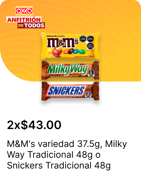M&Ms variedad 37.5g o Milky Way Tradicional 48g o Snickers Tradicional 48g
