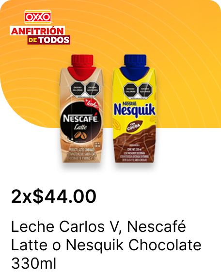 Leche Carlos V o Nescafe Latte o Nesquik Chocolate 330ml