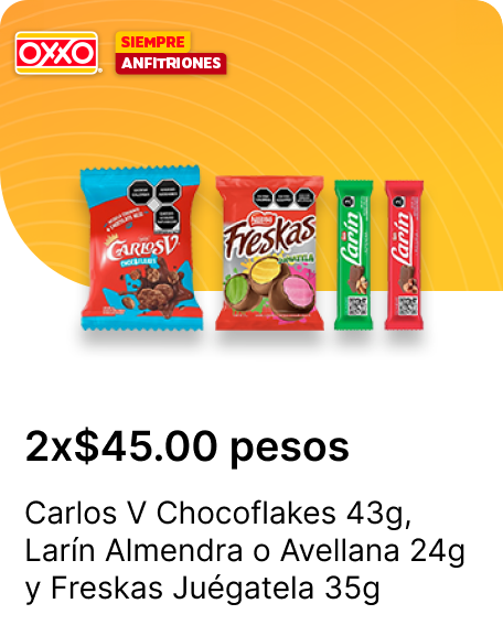 Carlos V Chocoflakes 43g o Chocolate Larin Almendra o Avellana 24g  y Freskas Juegatela 35g